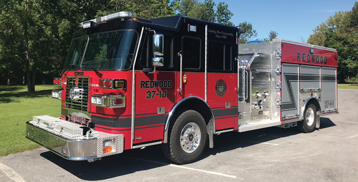 Sutphen—Redwood (NY) Fire District rescue-pumper. Monarch cab and chassis; Cummins L9 450-hp engine; Hale Qmax 1,500-gpm pump; 1,000-gallon polypropylene water tank; 30-gallon foam cell; FRC LED scene lights; Whelen LED warning light package. Dealer: Nick Catalino, Vander Molen Fire Apparatus Sales and Service, Syracuse, NY.