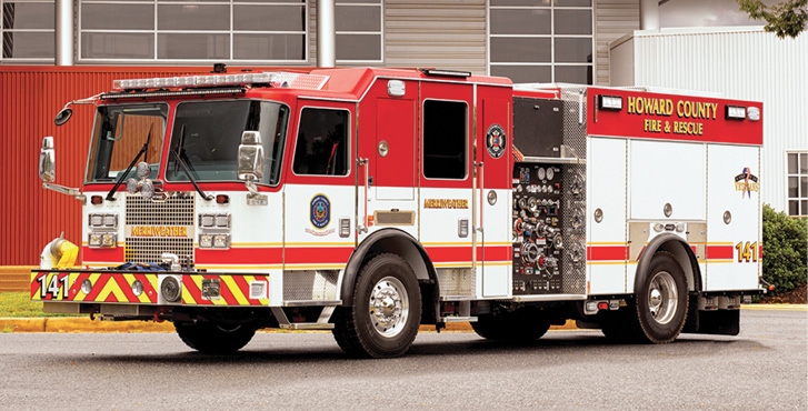 KME—Howard County (MD) Fire Rescue Services “Clean Cab Concept” pumper. KME Severe Service XLFD cab and chassis; Cummins L9 450-hp engine; Hale Qmax 1,500-gpm pump; UPF Poly 500-gallon water tank; 30-gallon foam cell; FoamPro 2001 single-agent foam system; Lock-N-Load™ hosebed cover; SKF-Vogel lube system; AXIS Smart Vehicle Monitoring System. Dealer: Dave Harman, Matheny Fire & Rescue, Hagerstown, MD.