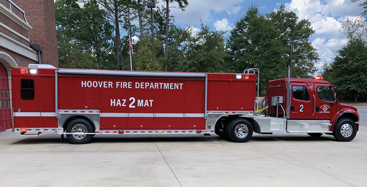 Hackney Emergency Vehicles—Hoover (AL) Fire Department technical rescue trailer. Freightliner M2 106 4-door tractor; Cummins L9 350-hp engine; 32.5-foot Hackney walk-around 14-compartment trailer with walk-in rear command center; Onan 25-kW generator; Whelen LED NFPA warning lights package. Dealer: Earl Spangler, Hackney Emergency Vehicles, Washington, NC.