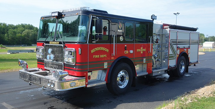 Seagrave—Henderson (KY) Fire Department FASTrack pumper. Marauder stainless steel tilt cab and chassis; Cummins L9 450-hp engine; Waterous CSUC20E 1,500-gpm pump; Pro Poly 750-gallon polypropylene water tank. Dealer: Dennis Downes, Fire and Specialty Equipment, Shepherdsville, KY.