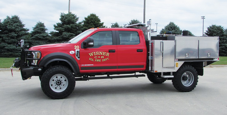 Danko—Wisner (NE) Volunteer Fire Department wildland unit. Ford F-550 Crew Cab and chassis; 6.8L 3-valve SOHC 288-hp engine; UPF Poly 400-gallon water tank; 12-gallon foam cell; Waterous 2515LE portable pump with 23-hp Kubota engine; FoamPro 1601 Class A foam system; Warn Zeon winch kit; TFT EF-1 monitor. Dealer: Mike Semerad, Danko Emergency Equipment, Snyder, NE.