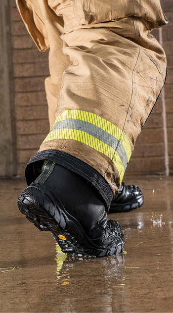 MSA Safety/Globe makes the Globe SupraFlex™ structural fire boot with a leather and Dragonhide® fabric upper and a composite material molded foot bed with a Vibram® outsole for greater flexibility. (Photos 1-3 courtesy of MSA Safety/Globe.)