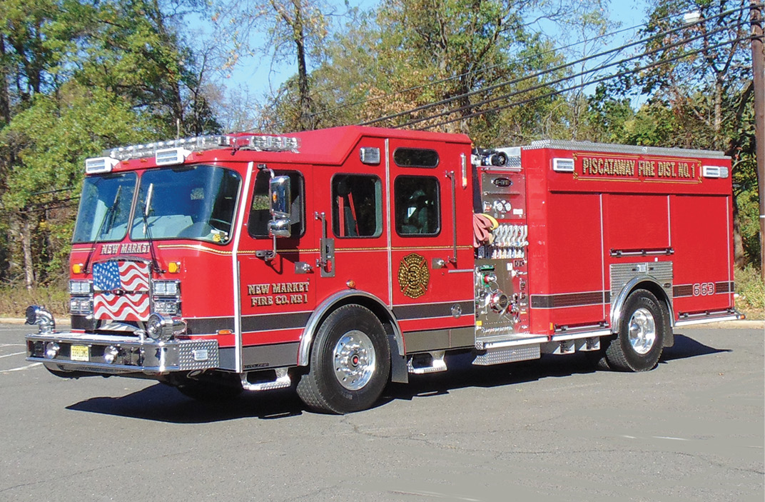 E-ONE—New Market Fire Company No.1, Piscataway Township, NJ, pumper. Cyclone cab and chassis; Cummins X12 500-hp engine; Hale Qmax 2,000-gpm pump; UPF Poly 780-gallon water tank; Smart Power 6-kW generator; TFT Hurricane RC monitor; FRC Spectra scene lights. Dealer: Tony Amoroso, Absolute Fire Protection, Plainfield, NJ. (Photo by John M. Malecky.)