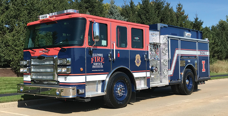 Pierce—Illinois Fire Service Institute, Champaign, IL, pumper. Enforcer cab and chassis; Cummins L9 380-hp engine; Darley EM 1,500-gpm two-stage pump; UPF Poly 500-gallon water tank. Dealer: Mike Yurgec, Global Emergency Products, Aurora, IL.