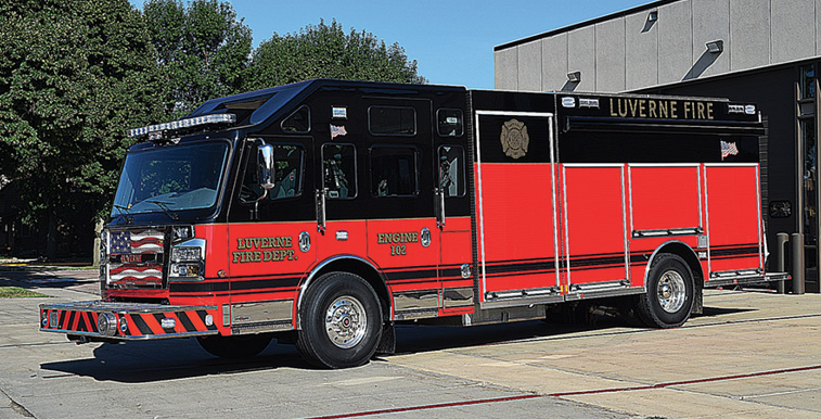 Rosenbauer—Luverne (MN) Fire Department pumper. Commander cab and chassis; Cummins L9 450-hp engine; Waterous CSC20C 1,250-gpm pump; 750-gallon polypropylene water tank; 20-gallon foam cell; Smart Power 6.2-kW generator; Command Light Knight2 KL408 light tower. Dealer: Heiman Fire Equipment, Sioux Falls, SD. (Photo by Paul Barrett.)