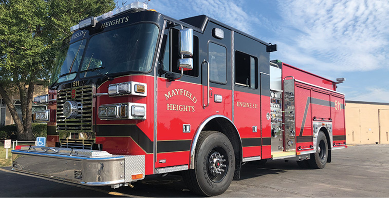 Sutphen—Mayfield Heights (OH) Fire Department pumper. Monarch cab and chassis; Cummins L9 450-hp engine; Hale Qmax 1,500-gpm pump; Pro Poly 750-gallon polypropylene water tank; 30-gallon foam cell; Hale Smart Foam single-agent foam system; low hosebed; hydraulic ladder rack. Dealer: Bob Jones, Herb Fire Equipment, Powell, OH.