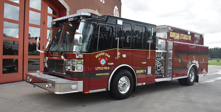 Ferrara—Beaver Dam/Littlefield (AZ) Fire District side-mount pumper. Cinder cab and chassis; Cummins L9 450-hp engine; Waterous CSU 1,500-gpm pump; 750-gallon polypropylene water tank; 20-gallon foam cell; FoamPro 2001 single-agent foam system; electric hosebed cover. Dealer: Ronny Allen, Ferrara Fire Apparatus Inc., Holden LA.