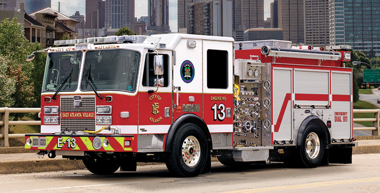 KME—Atlanta (GA) Fire & Rescue Department severe service pumpers (6). Severe Service cabs and chassis; Cummins L9 450-hp engines; Hale Qtwo 1,500-gpm pumps; UPF Poly 500-gallon water tanks; 30-gallon foam cells; Elkhart 240-125P GPMF foam eductors; Lock N Load™ sliding hosebed covers; ASA Voyage camera systems. Dealer: Wendell Faulkner, Fireline Inc., Winder, GA.