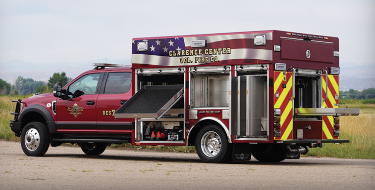 SVI Trucks—Clarence Center (NY) Fire Department light rescue. Ford F-550 Crew Cab and chassis; Ford Power Stroke 6.7L V8 Turbo diesel engine; 12-foot walk-around rescue body; OnScene Solutions cargo slides; Command Light Knight 2 light tower with 4 FRC Spectra fixtures; Warn Zeon 10,000 -pound 12-volt electric winch. Dealer: SVI Trucks, Fort Collins, CO.