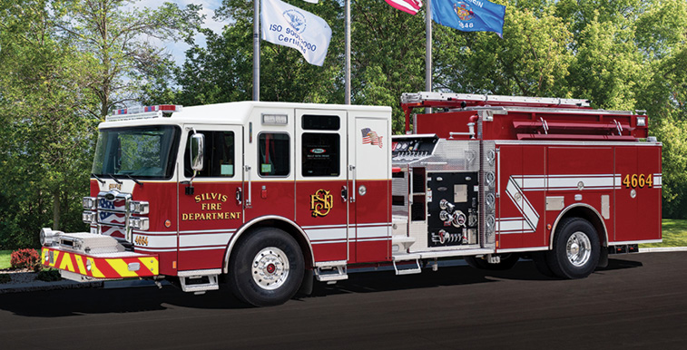 Pierce—Silvis (IL) Fire Department pumper. Enforcer cab and chassis; “Clean Cab Concept;” Cummins L9 450-hp engine; Waterous CSU 1,500-gpm pump; UPF Poly 1,000-gallon water tank; 20-gallon foam cell; Pierce Husky 3 Class A foam system;. Dealer: Randy Buttliere, Global Emergency Products, Aurora, IL.