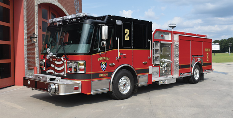 Ferrara—Bossier City (LA) Fire Department top-mount pumper. Igniter cab and chassis; Cummins L9 450-hp engine; Hale Qmax 2,000-gpm pump; 750-gallon polypropylene water tank; 20-gallon foam cell; FoamPro 2002 single-agent foam system. Dealer: Shane Dulany, Ferrara Fire Apparatus Inc., Holden, LA.