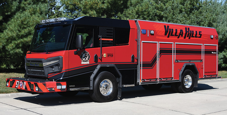 Rosenbauer—Villa Hills Fire Department, Belleville, IL, pumper. Avenger 6011 cab and chassis; Cummins L9 450-hp engine; Rosenbauer N 1,500-gpm rear-mount pump; Pro Poly 1,000-gallon polypropylene water tank; 30-gallon foam cell; FoamPro 2001 Class A foam system; Rosenbauer FX aluminum body; Rosenbauer lever bank pump controls. Dealer: Brian Franz, Sentinel Emergency Solutions, Arnold, MO.