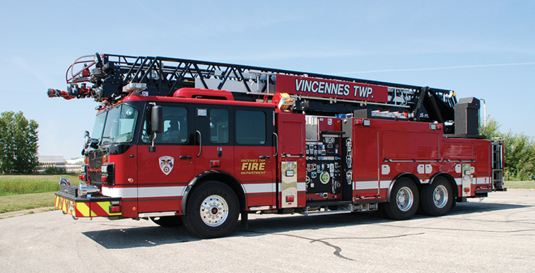 Smeal—Vincennes Township (IN) Fire Department 105-foot aerial ladder quint. Spartan/Smeal Sirius MFD cab and chassis; Cummins X12 500-hp engine; Waterous CSU 2,000-gpm pump; UPF Poly 500-gallon water tank; 20-gallon foam cell; FoamPro 2001 single-agent foam system; Harrison 10-kW generator; Akron StreamMaster monitor with TFT valve under monitor (VUM); FRC Spectra LED scene lights. Dealer: Tim Schwartz, Hoosier Fire Equipment Inc., Greenfield, IN.