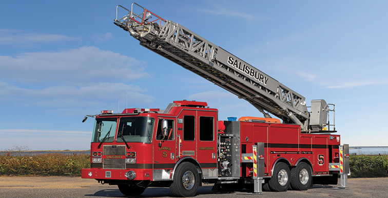 KME—Salisbury (MA) Fire Department, 103-foot Tuff Truck rear-mount aerial ladder quint. Severe Service cab and chassis; galvanized frame rails; Cummins X12 500-hp engine; Hale Qmax-XS 1,500-gpm pump; UPF Poly 650-gallon water tank; four-section AerialCat ladder; 500-pound (wet) tip load flowing 1,500-gpm. Dealer: Jeff Mazda, Bulldog Fire & Emergency, Woodville, MA.