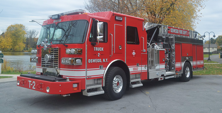 Sutphen—Oswego (NY) Fire Department SL75 single axle 75-foot aerial ladder quint. Monarch cab and chassis; Cummins L9 450-hp engine; Hale Qmax 1,500-gpm pump; 500-gallon polypropylene water tank; Harrison 8-kW generator. Dealer: Nick Catalino, Vander Molen Fire Apparatus Sales and Service, Syracuse, NY.