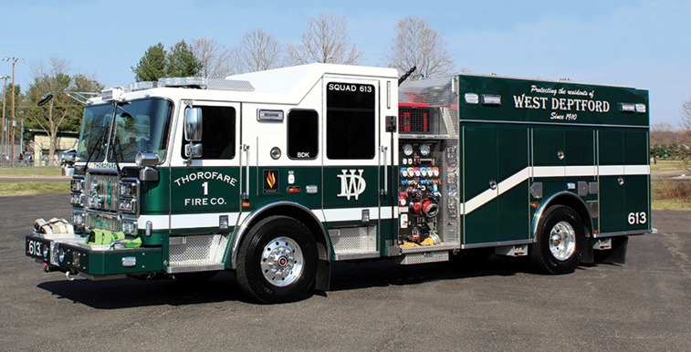 Seagrave—Thorofare Volunteer Fire Company, West Deptford Township, Thorofare, NJ, rescue-pumper. Marauder stainless steel tilt cab and chassis; Cummins L9 450-hp engine; Waterous CMU 2,000-gpm two-stage pump; 500-gallon polypropylene water tank; 30-gallon Class A foam cell and 50-gallon Class B foam cell for future foam system. Dealer: Todd Fell, Seagrave Fire Apparatus, East Brunswick, NJ. (Photo by Dennis C. Sharpe.)