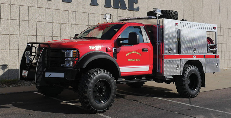 Midwest Fire—Beaman (IA) Volunteer Fire Department brush truck. Ford F-550 cab and chassis; Ford 6.8L V10 288-hp engine; Darley 2BE 18V 300-gpm portable pump; UPF Poly 400-gallon tank; 12-gallon foam cell; TFT Tornado RC electric monitor; Trident Foam Mate 1.0 single-agent foam system; Continental MPT 81 super single tires. Dealer: Joseph Juhl, Midwest Fire, Luverne, MN.