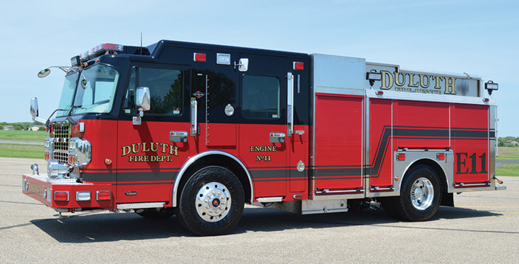 CustomFIRE—Duluth (MN) Fire Department pumper. Spartan Metro Star cab and chassis; Cummins L9 450-hp engine; Waterous CMU 1,500-gpm pump; Pro Poly 500-gallon polypropylene water tank; 30-gallon foam cell; FoamPro 2001 single-agent foam system; Smart Power 8-kW generator; aluminum hosebed covers. Dealer: Wayde Kirvida, CustomFIRE, Osceola, WI.