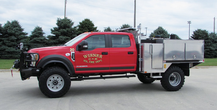 Danko—Wisner (NE) Volunteer Fire Department wildland unit. Ford F-550 Crew Cab and chassis; 6.8L 3-valve SOHC engine; UPF Poly 400-gallon water tank; 12-gallon foam cell; Waterous 2515LE portable pump with 23-hp Kubota engine; Foam Pro 1601 Class A foam system; TFT EF1 monitor; Fab Fours front bumper replacement. Dealer: Mike Semerad, Danko Emergency Equipment, Snyder, NE.