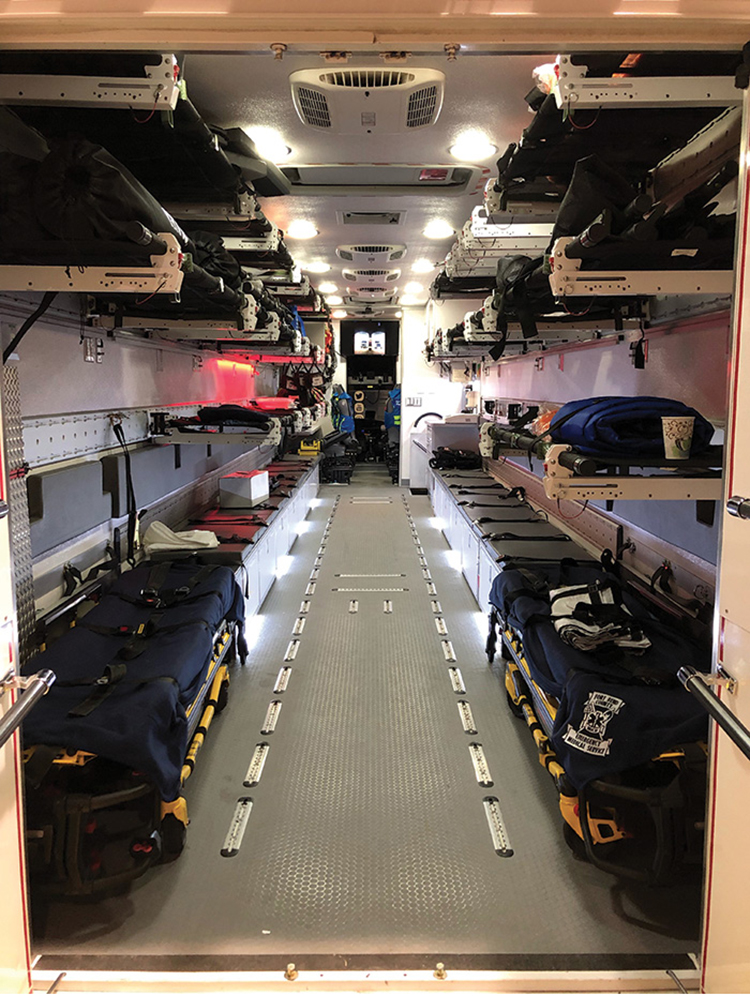 The body interiors feature ample storage, which is placed wherever practical and accessible. For instance, there’s storage under the bench seats, which run nearly the entire length of the apparatus on each side and serve as space for litters. It also has exterior storage and secured storage for narcotics.  