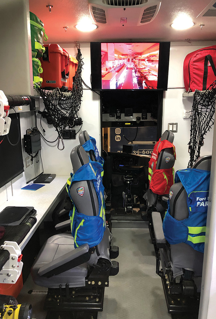 The South Bend County unit has four operators’ stations in the front, and those seats can be moved to patient care areas as needed. The interior wall coverings and cabinets can be aluminum plate; fiberglass; and, in some cases, plywood so tools and equipment can be mounted for storage.