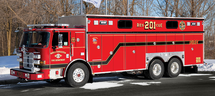 Pierce Manufacturing Inc. built this heavy technical rescue truck for the North Charleston (SC) Fire Department on an Arrow XT chassis and two-door Arrow XT cab, with seating for five firefighters in the rear walk-in area. (Photos 1-2 courtesy of Pierce Manufacturing Inc.)   