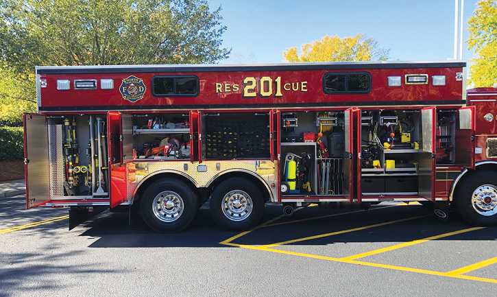 The technical rescue truck also carries rope rescue gear for high-angle rescue; throw bags for water rescue; PFDs for each firefighter on the truck; hazmat equipment; and collapse, trench rescue, and confined space gear.   