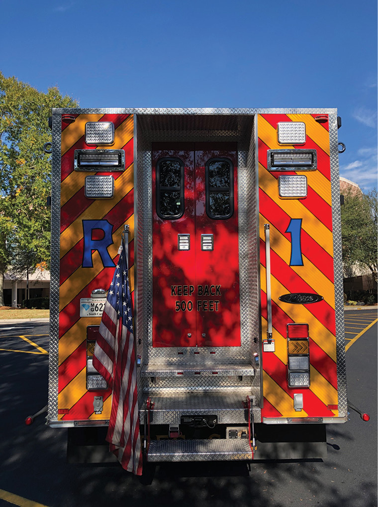 Entry to the walk-in section of the technical rescue truck is through the rear of the vehicle.