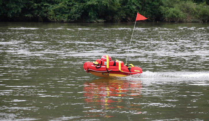 The water rescue drone EMILY, made by Hydronalix, has a 2.4-kW electric motor, an eight-foot-perimeter grab rope, easy-grip handles for victims to grab onto, and a waterproof two-way VHF marine band radio with remote microphone. (Photo 5 courtesy of Hydronalix.) 