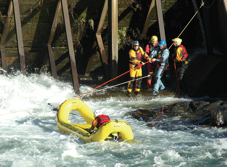 Oceanid makes the RDC Rapid Deployment Craft inflatable rescue raft, shown here controlled by tethers in a swift water situation. (Photo 8 courtesy of Oceanid.)