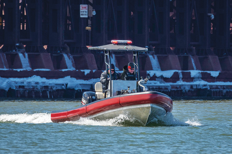 Lake Assault Boat’s 22-foot RHIB is engineered for fast and nimble fire and rescue response and can operate in as little as 12 to 14 inches of water. (Photo 10 courtesy of Lake Assault Boats.)