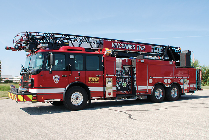 The Vincennes Township (IN) Smeal quint. It features a 105-foot Smeal steel ladder, a 2,000-gpm pump, and a 500-gallon tank. (Photos courtesy of Hoosier Fire Equipment.)