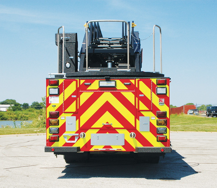 The rear of the truck with a compartment for a slide-out ergonomic hosebed.