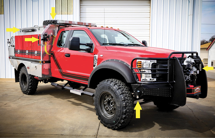 This two-door extended cab Ford F-550 is a typical Weis Quick Attack. It features a “whip line” that can be operated by a seated and belted passenger in the cab. Most have a ground sweep nozzle on each front bumper corner and a bumper-mounted cab-controlled Task Force Tips Tornado 15- to 120-gpm monitor. The Weis-designed bumper is provided on most of its brush trucks. Tanks are usually 300 to 400 gallons with pumps that are self-contained and rear-mounted with their own engines. When provided, spare tires are usually mounted on top of the tank. This rig has an LED scene light on each side.