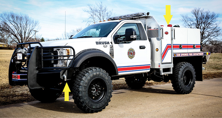 A two-door Ford F-450 was delivered to Gun Springs Fire & Rescue in Arkansas. It has a 20-inch-wide walkway between the cab and the 300-gallon tank, an onboard foam system, a monitor, and corner ground sweep nozzles on the Weis bumper. 