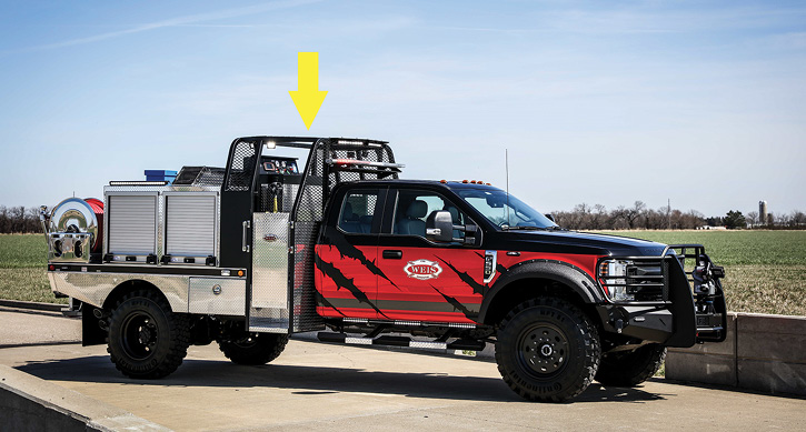 A Weis Fire demonstrator Quick Attack on a Ford F-550 Quad Cab features an NFPA 1906-compliant rollover structure that meets the side impact and crush criteria in SAE J1194 for Wheeled Agricultural Tractors. It’s called the Weis Rollover Protection System (WROPS).