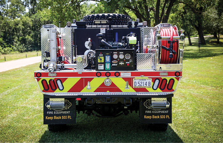 The working end of a Quick Attack brush truck showing the typical locations for the booster reel, pump and controls, and hose connections. 