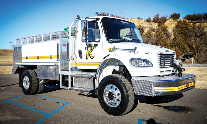 Ray, North Dakota, took delivery of this 1,000-gallon Stallion tanker on a two-door Freightliner chassis. It has an extended bumper with a monitor and interestingly no ground sweep nozzles.