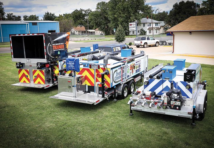 This photo shows the Draft Commander family of three units designed by Weis Fire and Safety to test fire pumps and fire appliances and train firefighters and fire pump engineers. Left to right are the Draft Commander 3000® Trainer, Draft Commander 3000®, and Draft Commander Mobile Appliance Tester.  