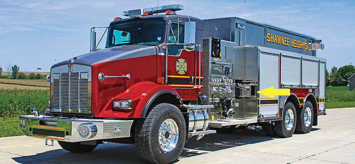 Weis delivered this Toyne tanker to Shawnee Heights in Tecumseh, Kansas. It has a 1,500-gpm pump and a 3,000-gallon tank mounted on a Kenworth two-door tandem chassis. A unique feature is the location of the side tank dump valves on each side immediately aft of the pump house. There’s a right-side powered rack for a portable tank, a rear dump valve, and rear slide-in ladder storage.