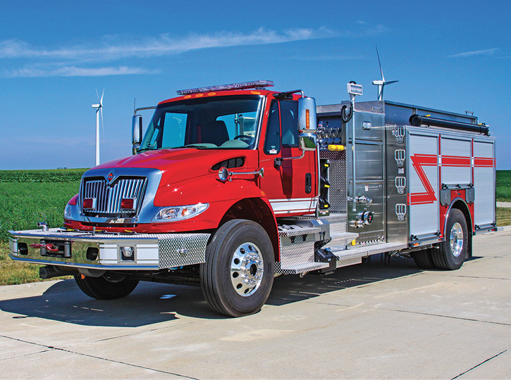 Humboldt, Kansas, took delivery from Weis of this 1,250-gpm pumper with a 1,250-gallon tank on a two-door International chassis. It has double high side compartments, and rear slide-in ladder storage and the booster reel is mounted in the upper portion of the rear step compartment. 