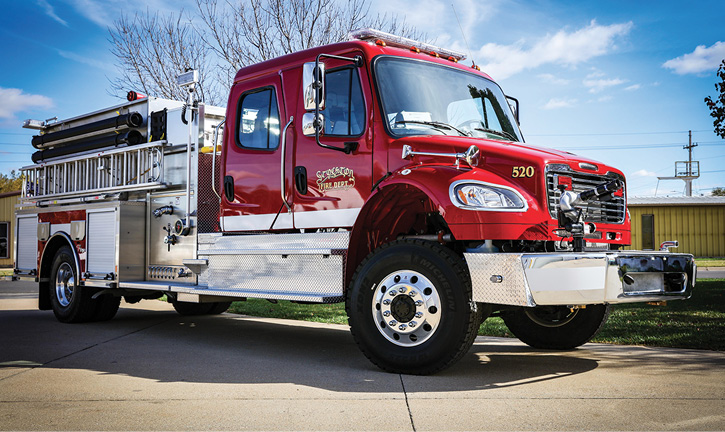 Weis delivered this Toyne on a four-door Freightliner to the City of Stockton, Kansas. It has high left- and low right-side compartments, slide-in ladder storage at the rear, an extended front bumper with a monitor, a floor-mounted booster reel in the rear compartment, a 1,250-gpm pump, and a 1,250-gallon tank.