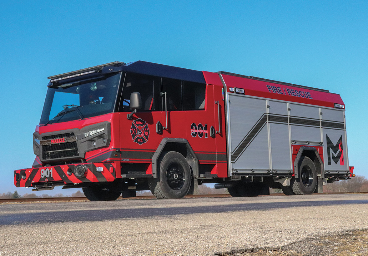 Rosenbauer—Markle (IN) Fire Department pumper. Rosenbauer Avenger R7011 cab and chassis; Cummins L9 450-hp engine; Rosenbauer N Series PTO 1,500-gpm pump; Pro Poly 750-gallon polypropylene water tank; 30-gallon foam cell; FoamPro Pneumax model 200-P CAFSystem™ Class A foam system; lever bank pump controls; rear bumper crosslays; low hosebed. Dealer: Todd Roempagel, Sentinel Emergency Solution, Arnold, MO.