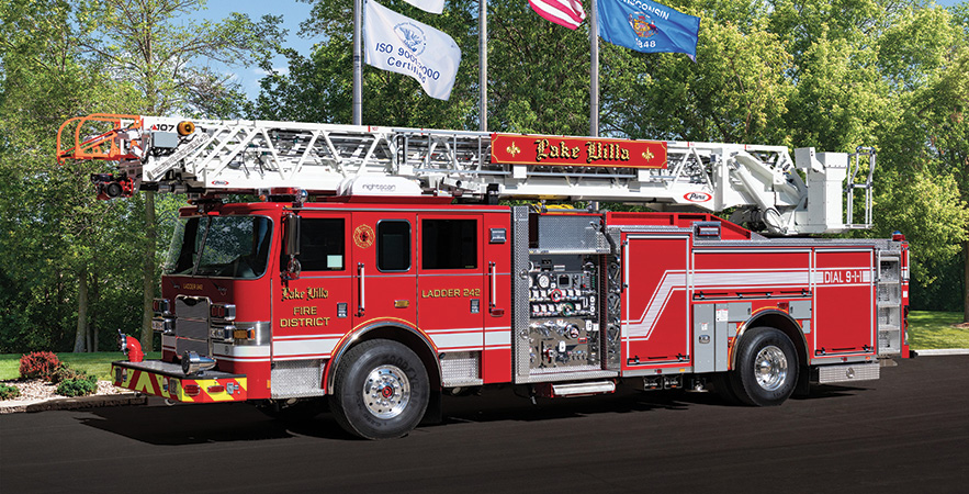 Pierce—Lake Villa (IL) Fire Protection District 107-foot Ascendant aerial quint. Arrow XT cab and chassis; Detroit DD13 525-hp engine; Waterous CMU 2,000-gpm pump; UPF Poly 500-gallon water tank; Will-Burt Power Lite NS2.3 light tower. Dealer: Rick Berndt, Global Emergency Products, Aurora, IL.