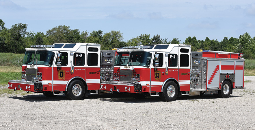 E-ONE—Quincy (IL) Fire Department, pumpers (2). Typhoon X cabs and chassis; Cummins L9 450-hp engines; Waterous CS 1,250-gpm pumps; UPF Poly 500-gallon water tanks; 25-gallon foam cells; hinged aluminum hosebed covers. Dealer: Craig Hamrick, Banner Fire Equipment, Roxanna, IL. (Photo by Dennis Maag.)