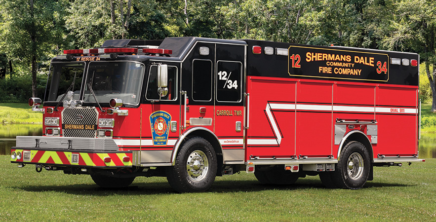 KME—Shermans Dale (PA) Community Fire Company pumper. severe service cab and chassis; Cummins X15 565-hp engine; Darley LDM 1,000-gpm pump; 725-gallon polypropylene water tank; 50-gallon foam cell; Feecon AP 1.5 around-the-pump foam system; Harrison 20-kW generator; ASA Voyager camera system. Dealer: Bob Miller, KME PA.