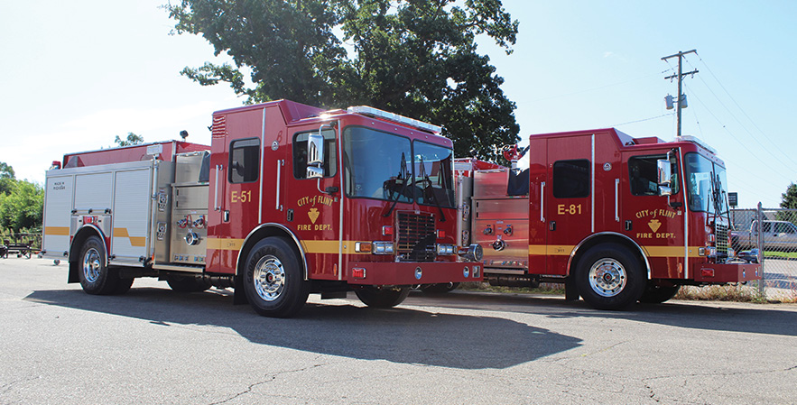 HME Ahrens-Fox—Flint (MI) Fire Department pumpers (2). HME Ahrens-Fox Silver Fox rescue-pumpers. HME Ahrens-Fox 1871 SFO-MFD cabs and chassis; Cummins L9 330-hp engines; Hale Qflo Plus 1,250-gpm pumps; UPF Poly 1,000-gallon water tanks. Dealer: Matt Creech, Kodiak Emergency Vehicles, Grand Ledge, MI.