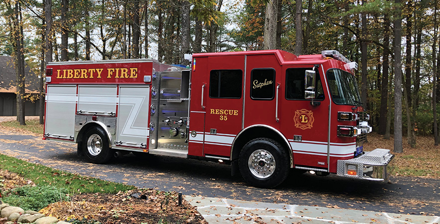 Sutphen—Liberty Township Fire Department, Youngstown, OH, rescue-pumper. Monarch cab and chassis; Cummins L9 450-hp engine; Hale Qmax 1,500-gpm pump; UPF Poly 1,000-gallon water tank; coffin storage compartments; Federal Signal warning lights. Dealer: Ray Capezzuto, Herb Fire Equipment, Powell, OH.