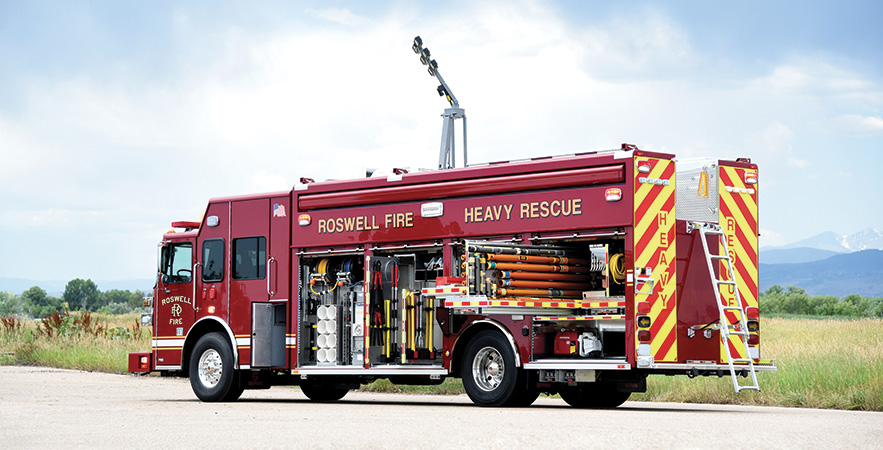 SVI Trucks—Roswell (GA) Fire Rescue rescue. Sutphen Monarch cab and chassis; Cummins X12 500-hp engine; 22-foot partial walk-in rescue body; Command Light Knight Series 2 light tower; Onan Protec 15-kW PTO generator; Resolve Space Saver fill station; OnScene heavy duty cargo slides with LED compartment lighting. Dealer: Williams Fire Apparatus, Ashland, AL.