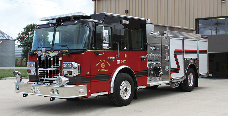 Toyne—Whispering Pines (NC) Fire Rescue pumper. Spartan Metro Star cab and chassis; Cummins L9 450-hp engine; Waterous CSU 1,500-gpm pump; UPF Poly 1,000-gallon water tank; Onan 6-kW generator; stainless steel fire body; Elkhart Stinger 2.0 monitor. Dealer: Tracy Melton, Melton Fire Group, West Jefferson, NC.